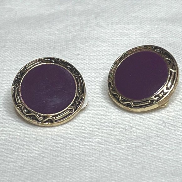 Vintage Purple Button Clip-On Earrings Round Gold-Tone Edge - Picture 1 of 6